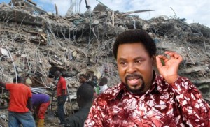 Preacher T. B. Joshua With His Collapsed Synagogue in the Background. Image: Vanguardngr.