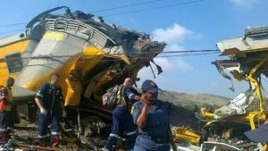 Metrorail train which crashed at Denver station in Johannesburg. Image: SABC