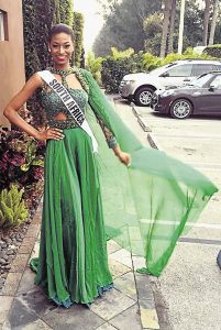 The dress that Ziphozakhe'stole'. Miss South Africa, Ziphozakhe Zokufa in the controversial dress. Image: TimesLive.